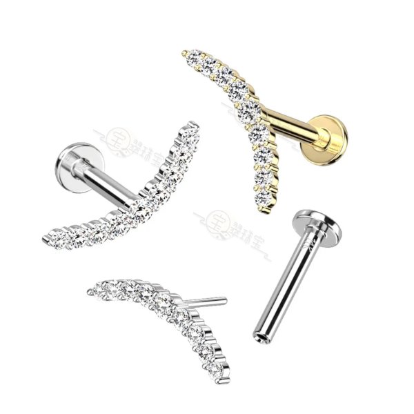 14K Solid Gold Threadless Labret 3mm Flat Back Stud With CZ Paved Curved Line Top