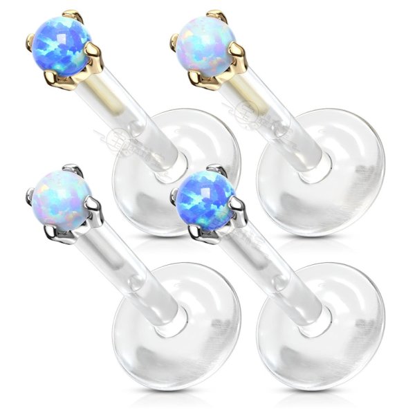 14K Solid Gold Bio Flex Flat Back Labret With Opal Prong Set Top