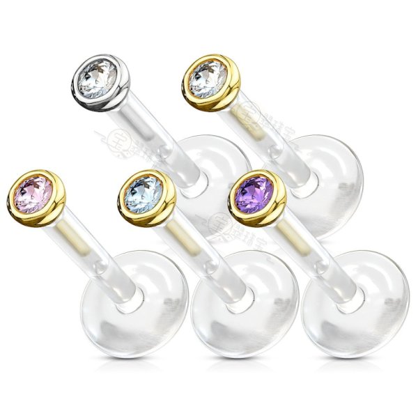 14K Solid Gold Bio Flex Shaft Labret With Bezel Set CZ Top