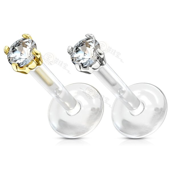 14K Solid Gold Bio Flex Shaft Labret With 2.5mm CZ Prong Set Top 