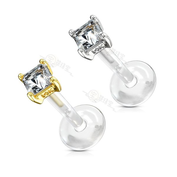 14K Solid Gold Bio Flex Shaft Labret With Square Princess Cut CZ Prong Set Top