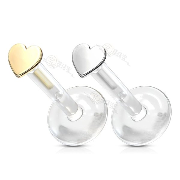 14K Solid Gold Bio Flex Flat Back Labret With Heart Top