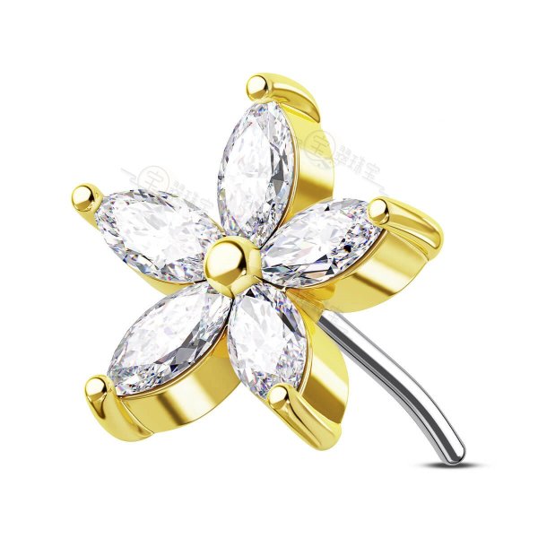 14K Clear CZ Flower Threadless Labret Stud