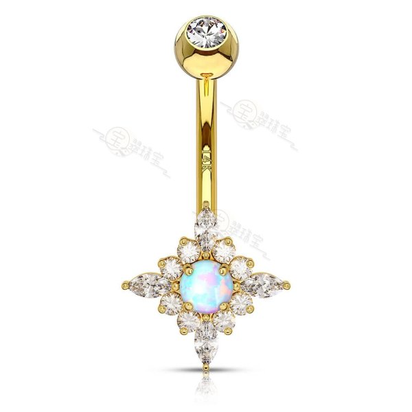 14K Gold Opal CZ Belly Ring 14G Sun Flower Belly Ring