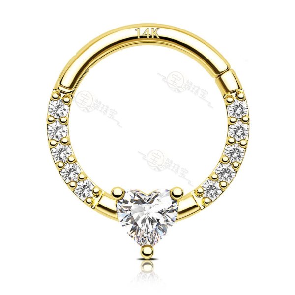 14K Solid Gold 16G Clear Heart CZ Septum Ring