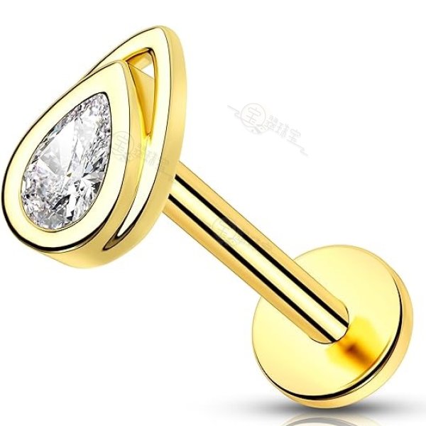 14K Solid Gold Teardrop CZ Flat Back Earring