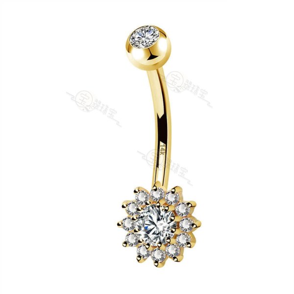 14K Gold CZ Flower Belly Button Ring 14G Sunflower Belly Ring