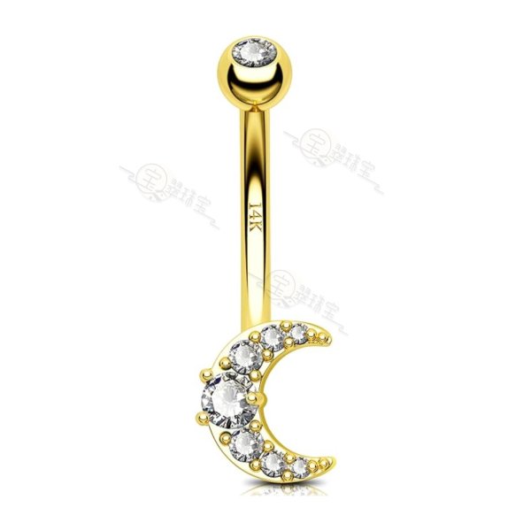 14K Gold Belly Button Rings Moon Shape Belly Rings With CZ Or Opal