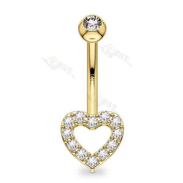 14K Gold Hollow Heart CZ Belly Button Ring 14G Belly Ring