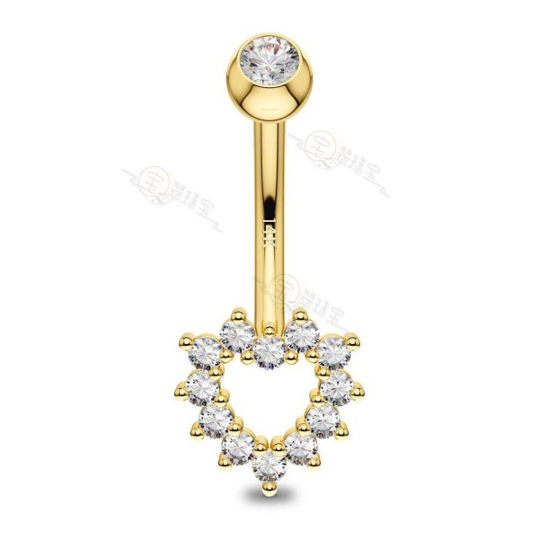 14K Gold Hollow Heart CZ Belly Button Ring 14G Navel Ring