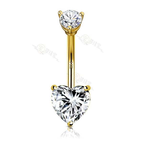 14K Gold Belly Ring Clear CZ Heart Belly Button Ring