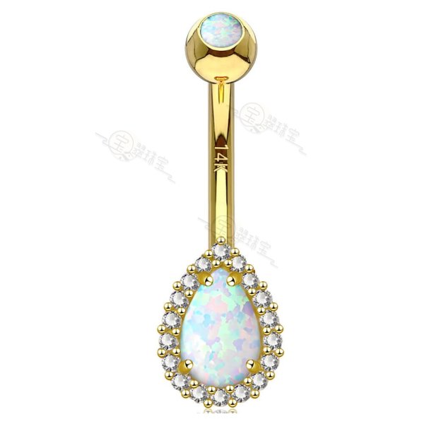 14K Gold Opal Belly Button Ring CZ Paved 14G Belly Ring