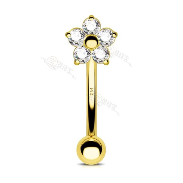 14K Gold Rook Piercing Jewelry 16g Eyebrow Flower Curved Barbell