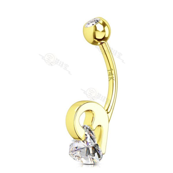 14K Gold Half a Heart Belly Ring With Triangle CZ