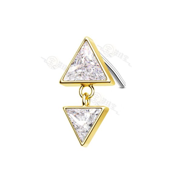 14K Solid Gold Up-Down Symmetrical Clear CZ Triangle Top Helix Earring Labret Stud