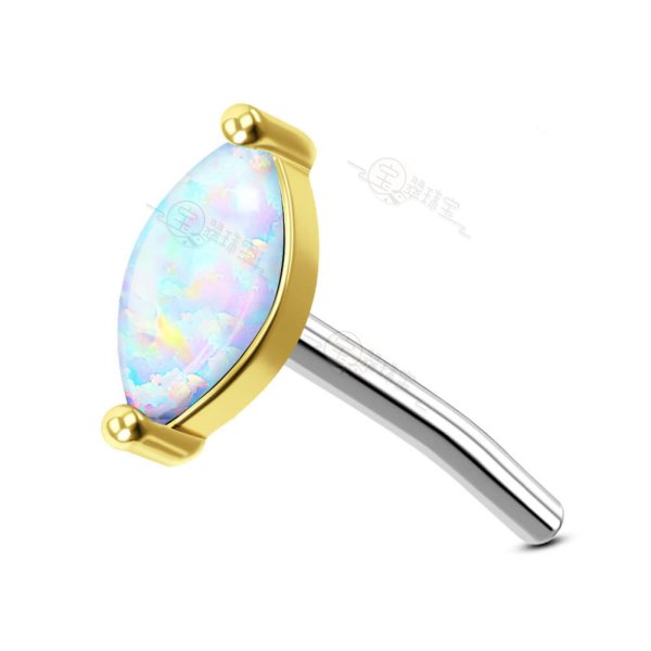 14K Solid Gold Threadless Marquise Opal Top Push Pin Labret Stud