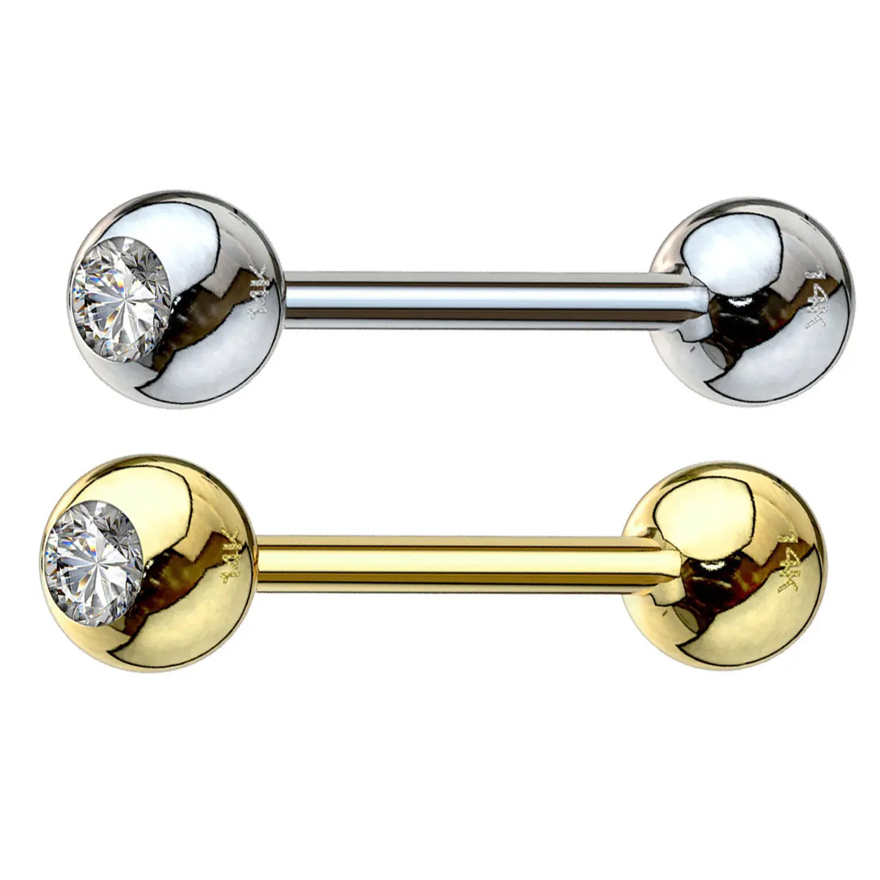 14G Tongue Ring 14K Solid Gold Clear CZ Nipple Rings Straight Barbell Bar Tongue Piercing Jewelry 5/8