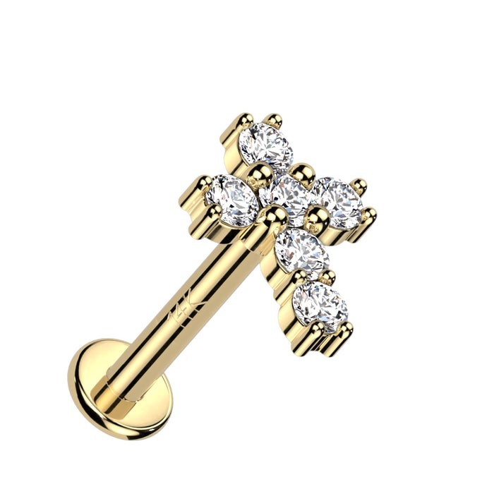 14K Gold Internally Threaded Labret, Flat Back Stud With CZ Paved Cross Top