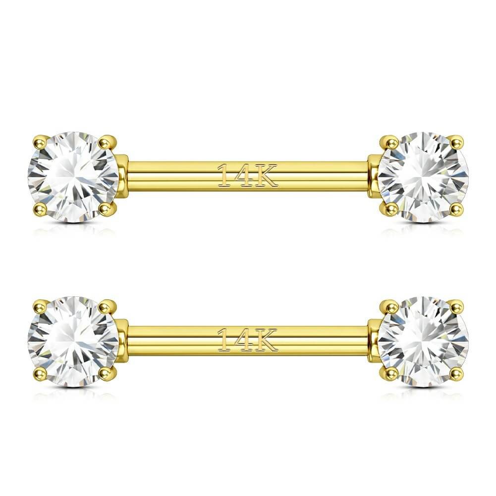 14K Gold 14G Round CZ or Opal Nipple Barbell Rings