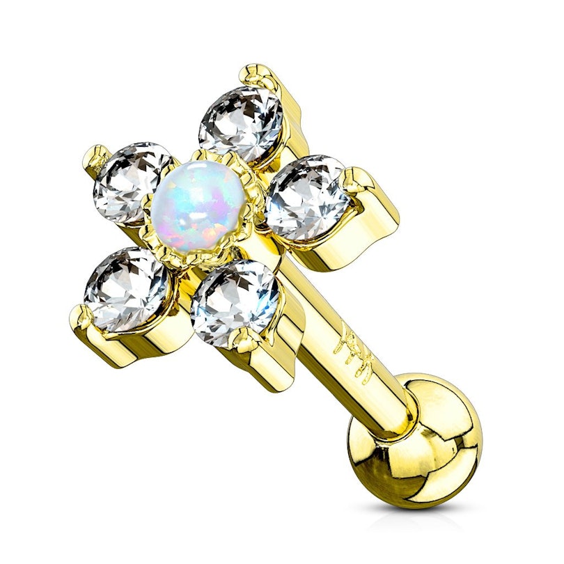 14K gold ear piercing with flower cz and opal stone 3mm ball end