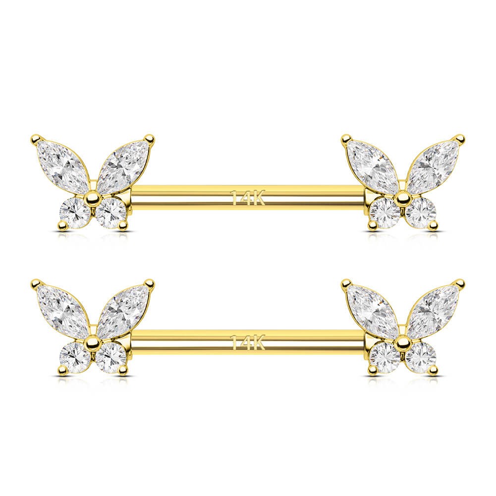 14K Solid Gold Butterfly Shape Nipple Barbell