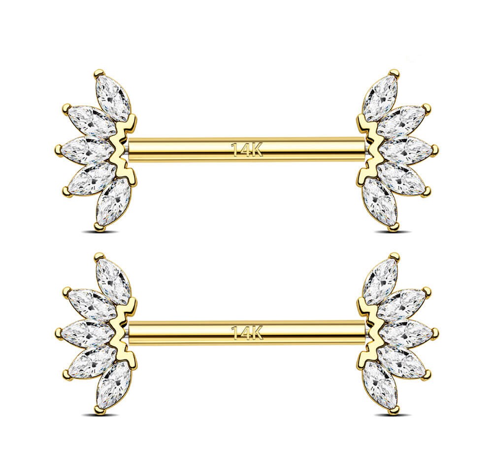 14K Solid Gold Nipple Barbell Set Push Pin Marquise CZ 
