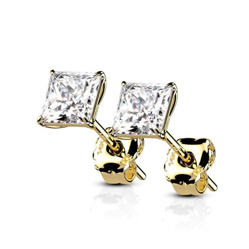 14K Solid Gold Square Shape CZ Stud Earrings with butterfly backs