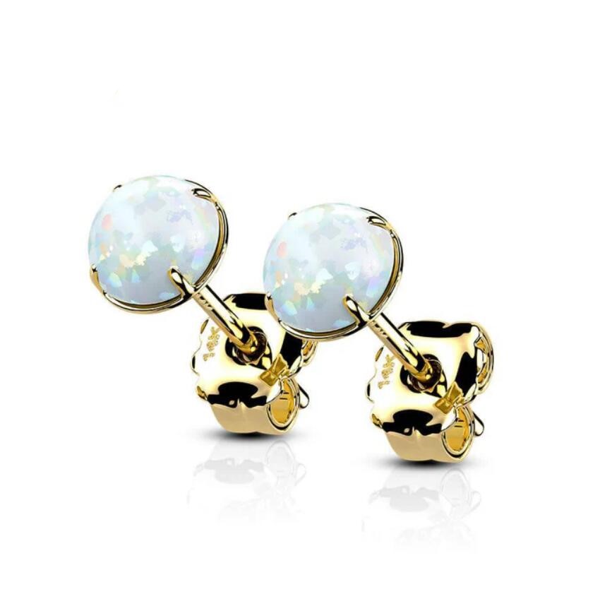 14K Solid Gold Opal Stud Earrings With Butterfly Backs