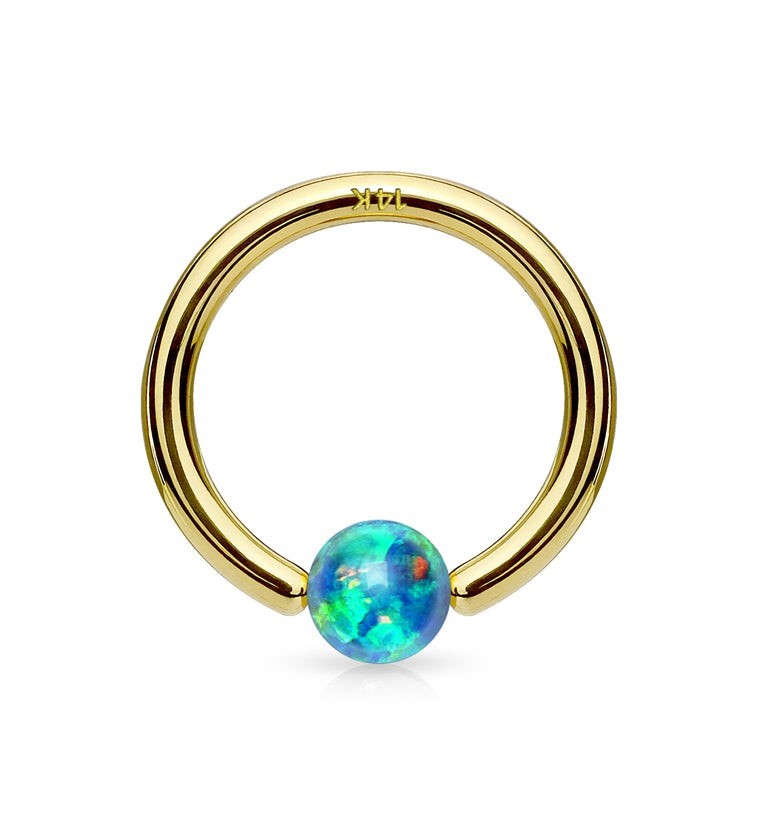 14K Solid Gold Opal Ball Fixed Captive Ring