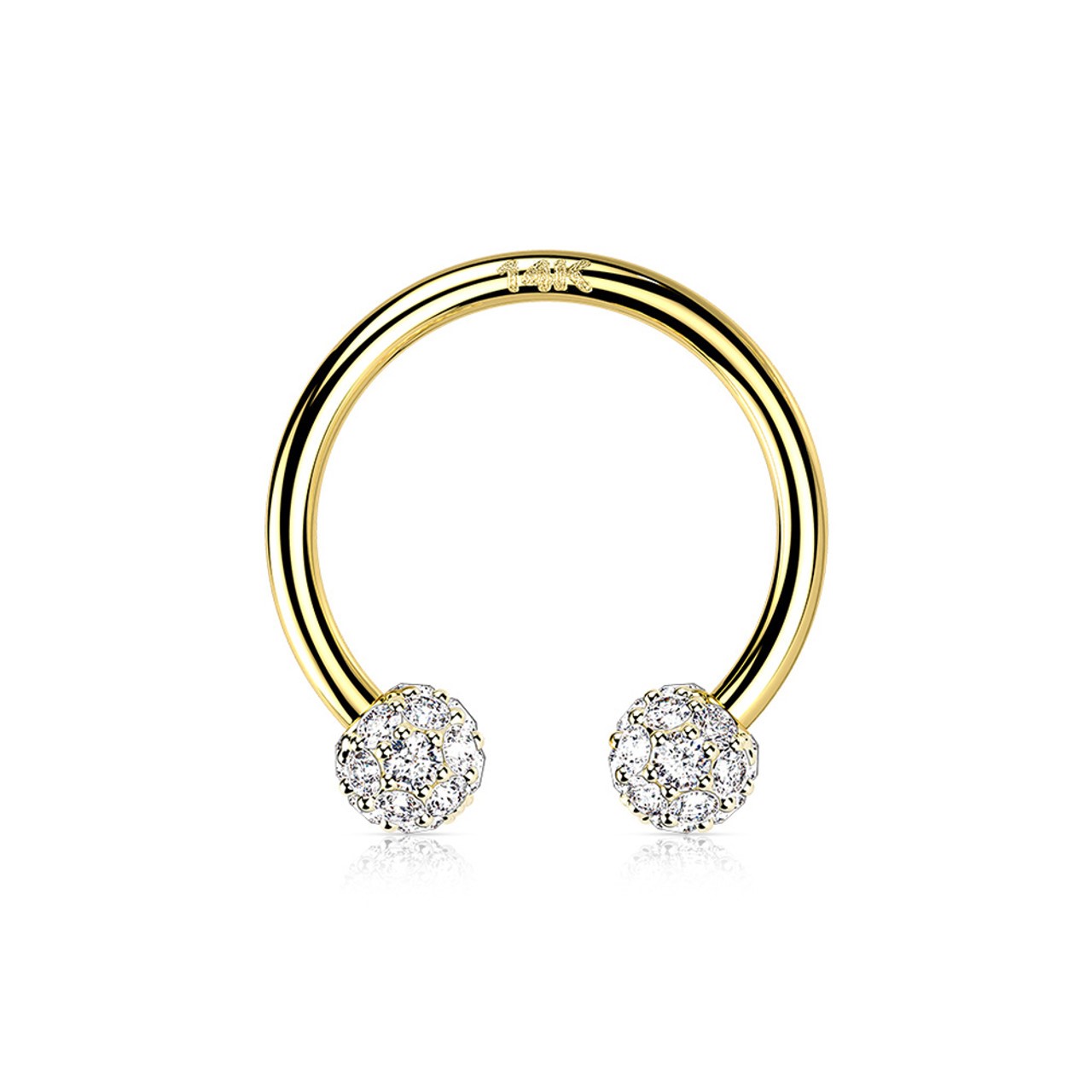 14K Solid Gold Externally Threaded Horseshoe With CZ Paved Balls