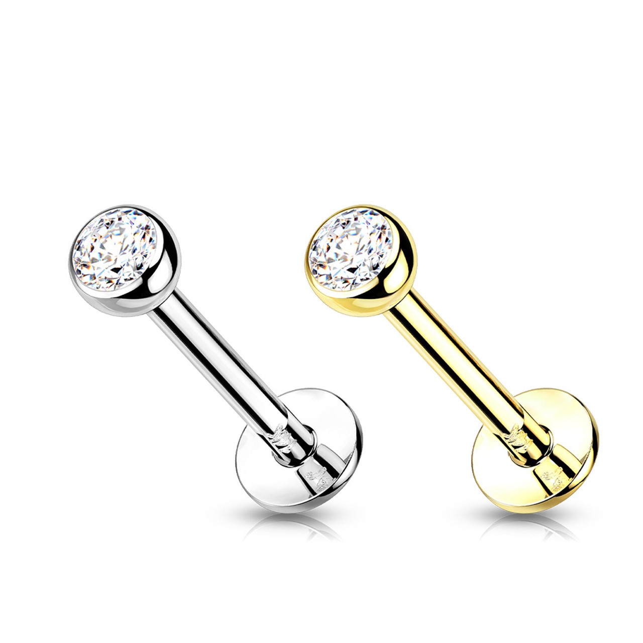 14K Solid Gold Threadless Push-in Labret, 3mm Flat Back Studs With Bezel Set CZ Top 