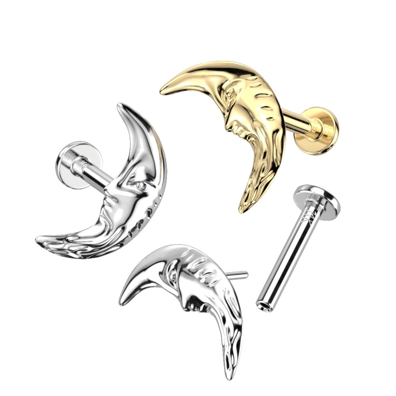 14K Solid Gold Threadless Labret 3mm Flat Back Stud With Face In Crescent Moon Top