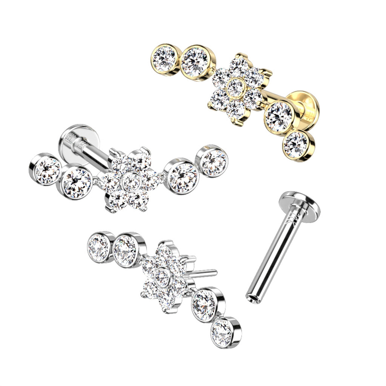 14K Gold Threadless Labret 3mm Flat Back Stud With Flower Center and 2 CZ Ball on Each Side