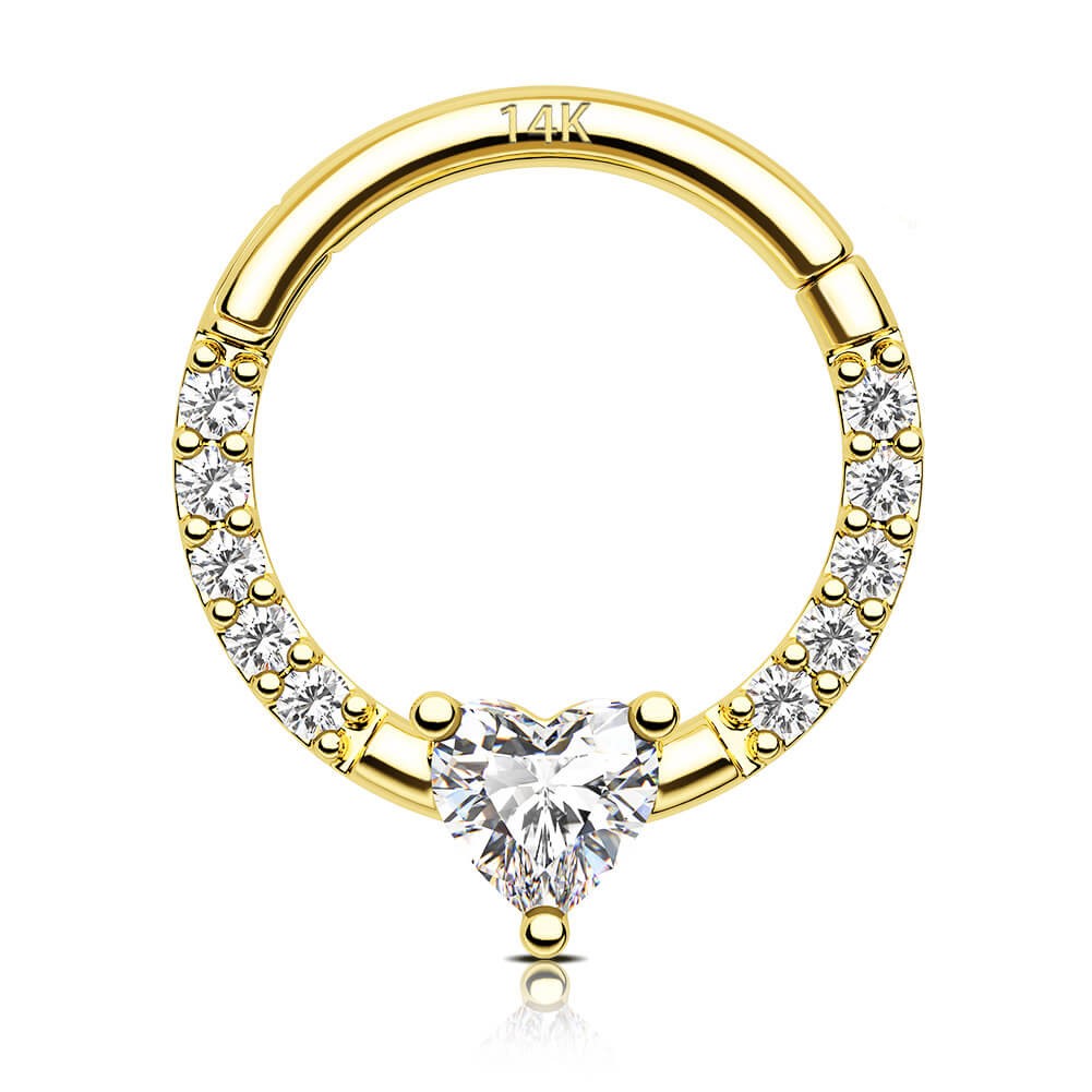 14K Solid Gold 16G Clear Heart CZ Septum Ring