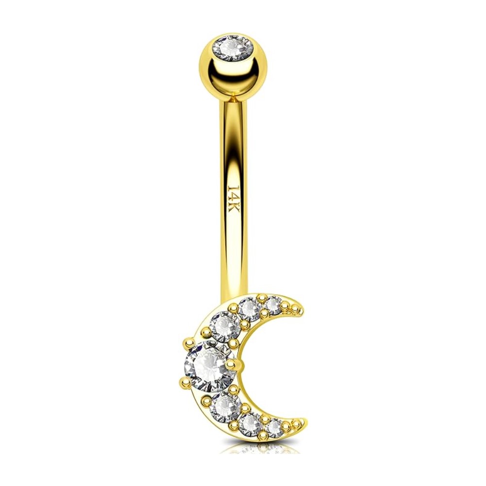 14K Gold Belly Button Rings Moon Shape Belly Rings With CZ Or Opal
