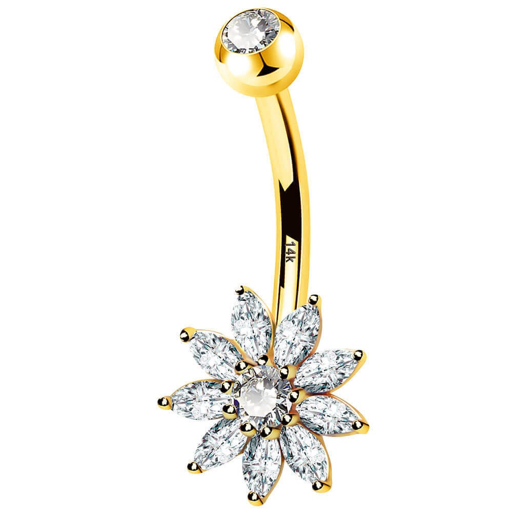 14K Gold Clear CZ Flower Belly Ring 14G Belly Button Ring