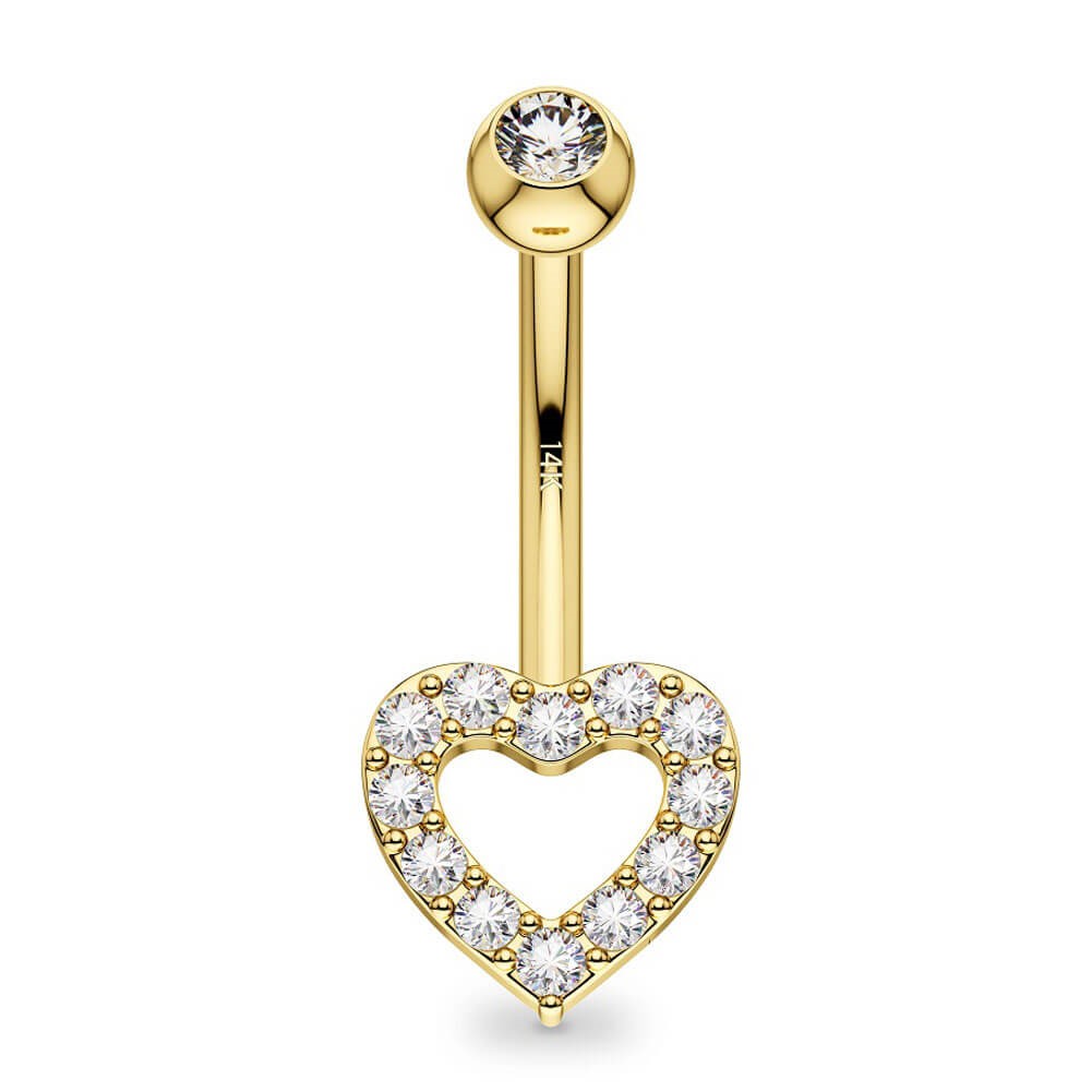 14K Gold Hollow Heart CZ Belly Button Ring 14G Belly Ring