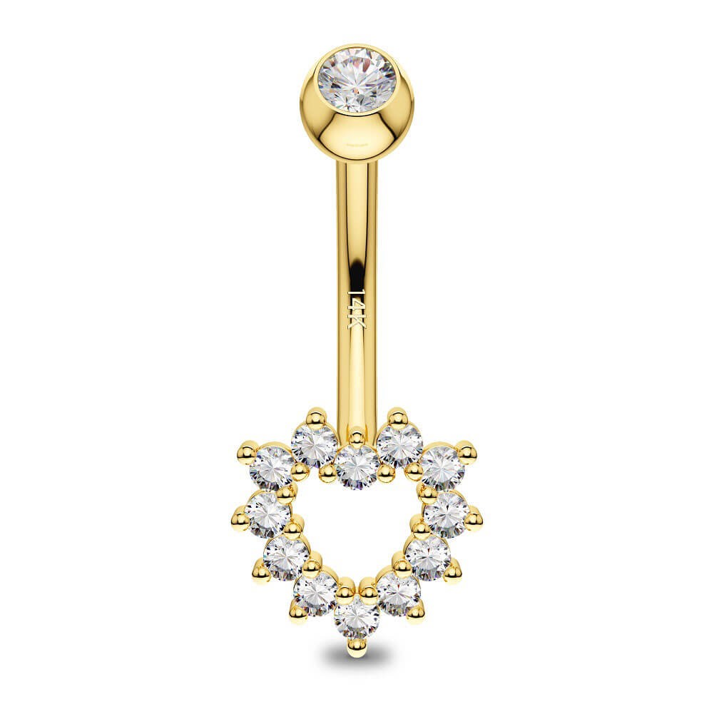14K Gold Hollow Heart CZ Belly Button Ring 14G Navel Ring