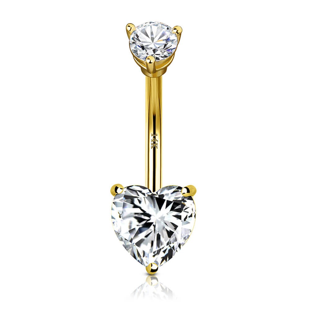 14K Gold Belly Ring Clear CZ Heart Belly Button Ring