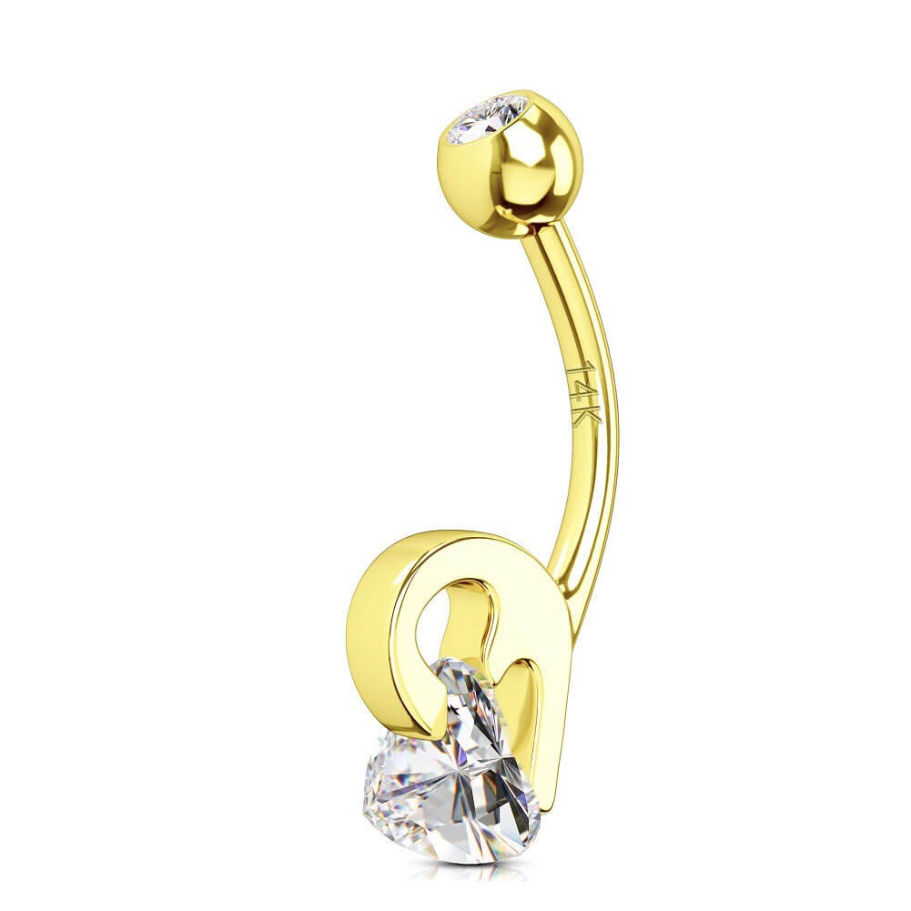 14K Gold Half a Heart Belly Ring With Triangle CZ