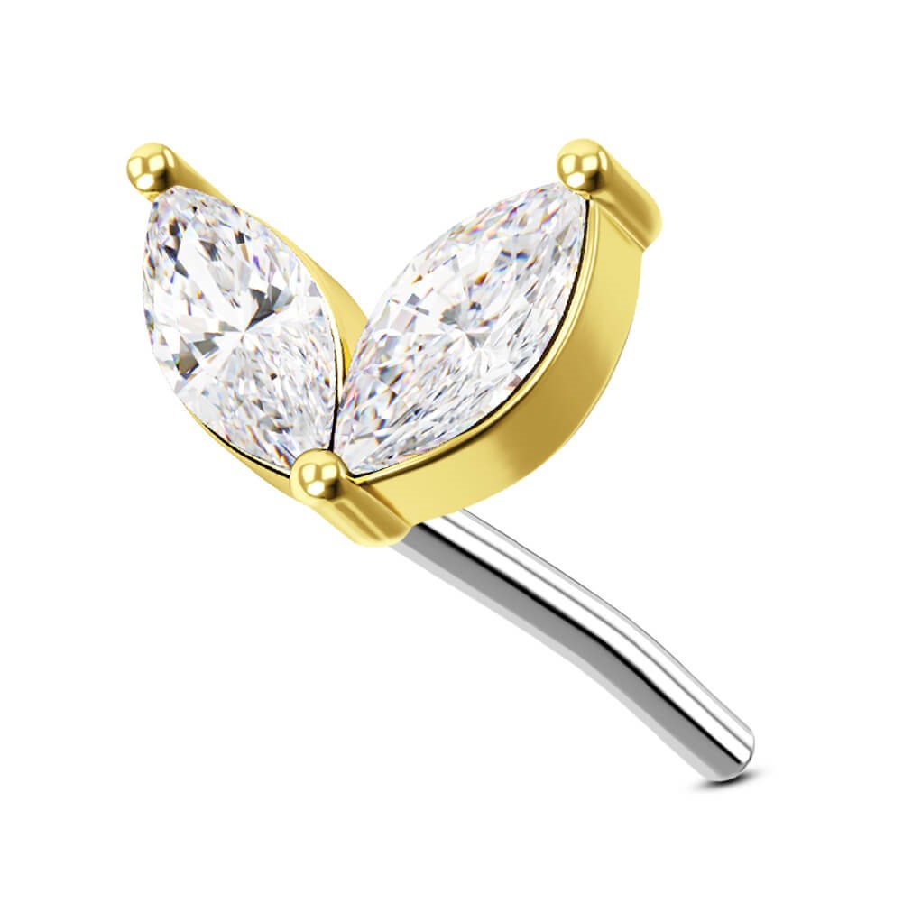 14K Solid Gold Two leaves CZ Top Threadless Push Pin Labret Stud