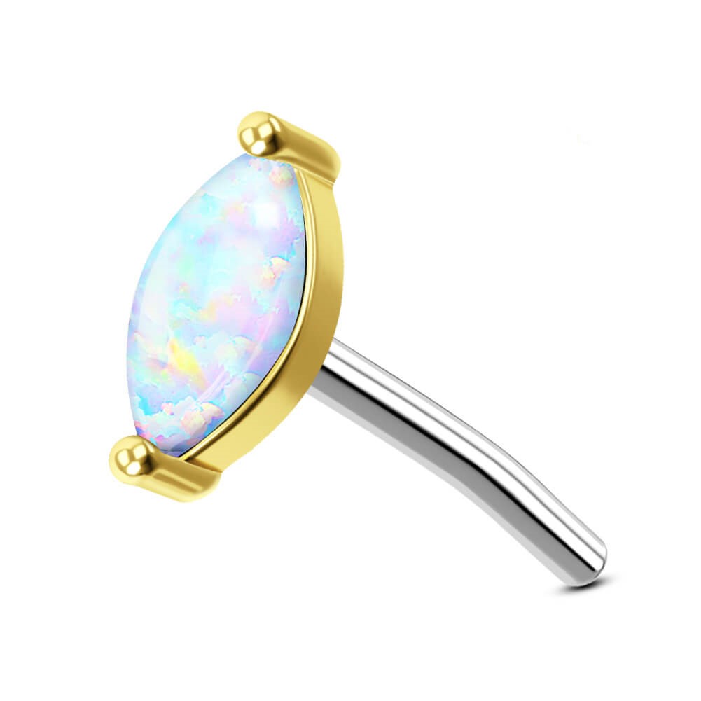 14K Solid Gold Threadless Marquise Opal Top Push Pin Labret Stud