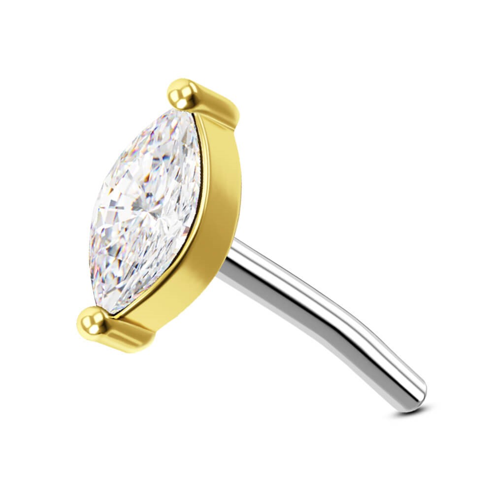 14K Solid Gold Threadless Marquise CZ Top Push Pin Labret Stud